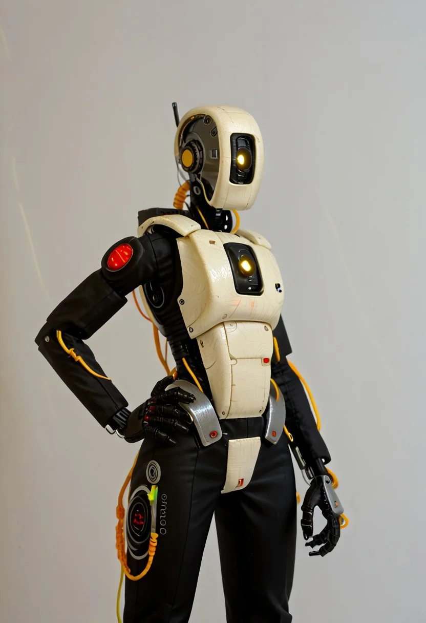 score_9, score_8_up, score_7_up, score_6_up, score_5_up, score_4_up, Anthro_Glados, Glados, general, solo, looking at viewer, standing, yellow eye, sketch, hand on hip, no humans, looking down, robot, wires, cables, clenched hand, science fiction, one-eyed, humanoid robot, redesign, photoshoot, studio lighting