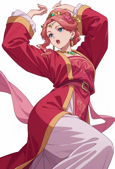 Smooth Quality,masterpiece,very intricate, high quality details, ultra realistic, high detailed skin,detailed enviorement,absurdres,
simple background, white background,solo,
from below,open mouth,dancing,
<lora:Gyokuyou_CNR:0.8> gyokuyou_cnr, 1girl, red hair, pink hair, blue eyes, long hair,chinese clothes, dress, long sleeves, wide sleeves,earrings, necklace, jewelry