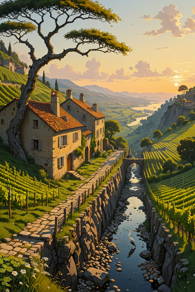 Claude Lorrain (golden hour), Vineyard on steep slate slopes, fox tracks in mud, clapper bridge over stream,grey heron stalking.,Art painting by Gustav Klimt and Takashi Murakami and Kay Sage, ,,
artstation trending, macro lens, volumetric light,
<lora:Illustration_Insanity:0.3>,
<lora:dreamshaperXL10_lora:0.7>,
<lora:extremely_detailed:0.3> extremely detailed,
<lora:DetailMaximizer:0.3>,, Surrealism art style, dreamlike and irrational imagery, explores the unconscious mind, juxtaposition of unlikely elements, challenges reality and logic