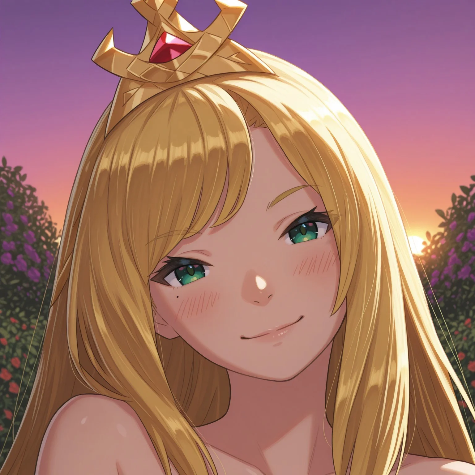 1girl, solo, realistic, (blush, sexy, smile, sexy, head tilt, tilted head), looking at viewer, Chelle Dragalia, blonde hair, long hair, bangs, green eyes, mole, mole under eye, portrait, close-up, face focus, crown,
BREAK, Masatsugu Saito, Garden, sunset, orange sky, purple sky,