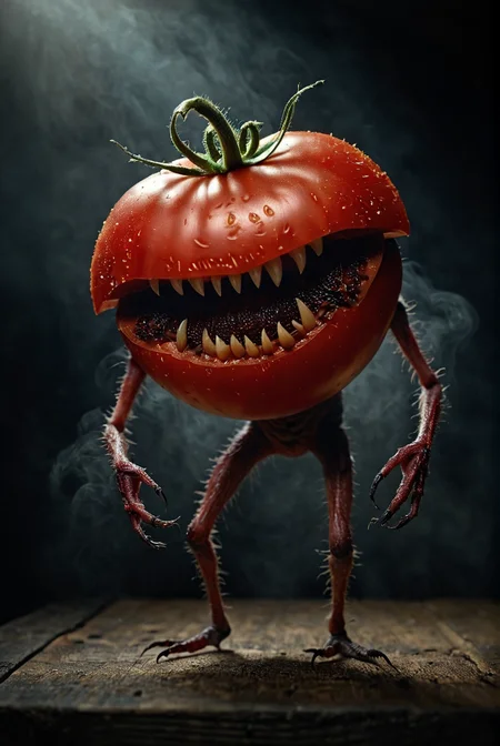 (film grain),ultrarealistic 4k,photoart_style,(creature tomato monster,realistic,natural light,),realistic,,dark black tone,Cinematic Lighting, movie-level texture, hand-painted details, epic, meticulous,perfect composition, dynamic play of light, rich colors, epic shot, perfectly quality, natural textures,high detail, photoshadow, (natural colors, correct white balance, color correction, dehaze),(intricate detailed)