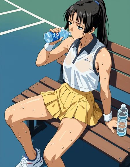 score_9,  score_8_up, score_7_up, <lora:ai-shimai-ponyxl:0.8> 1girl, solo,
kitazawa, white shirt, (orange shirt:0.6), multicolored shirt, sleeveless shirt, yellow skirt, microskirt, sportswear,
sweat, bench, sitting, tennis court, water bottle, holding bottle
