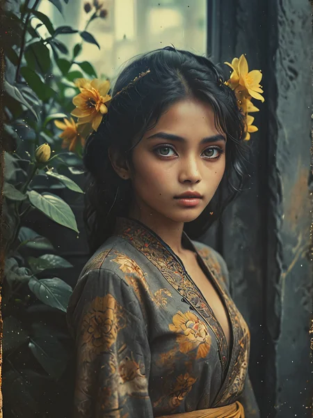 35mm Vintage photo of Exotic Girl in a Traditional Clothes, Flowers, Natural Light, Highest Detail, Cinematic, Full Body, (Detailed Face Skin:1.6), (skin imperfections:1.4), Sharp Focus, Head Tilt, Looking at the Camera, cozy, slate gray atmosphere,  soft cinematic light,  <lora:Vintage_Street_Photo:0.8>