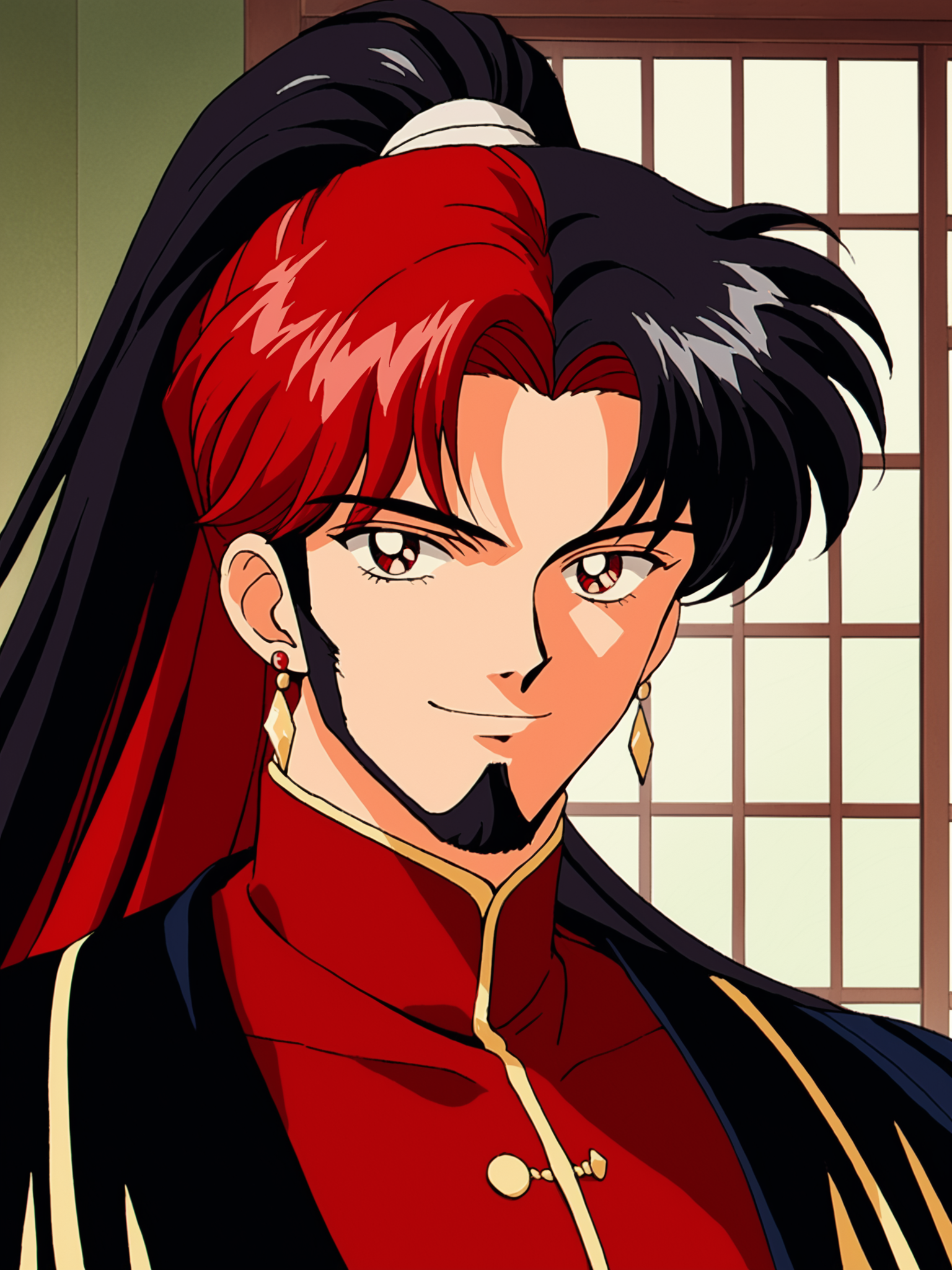 1990s (style), anime coloring, sm90s, 1boy, facial hair, male focus, black hair, multicolored hair, solo, red eyes, long hair, red hair, animal ears, facial hair, beard, smile, ponytail, upper body, jewelry, earrings, looking at viewer,  indoors, retro art style, retro anime, BREAK PonyXLV6_Scores , <lora:SM90sPDXL_r1:0.8>