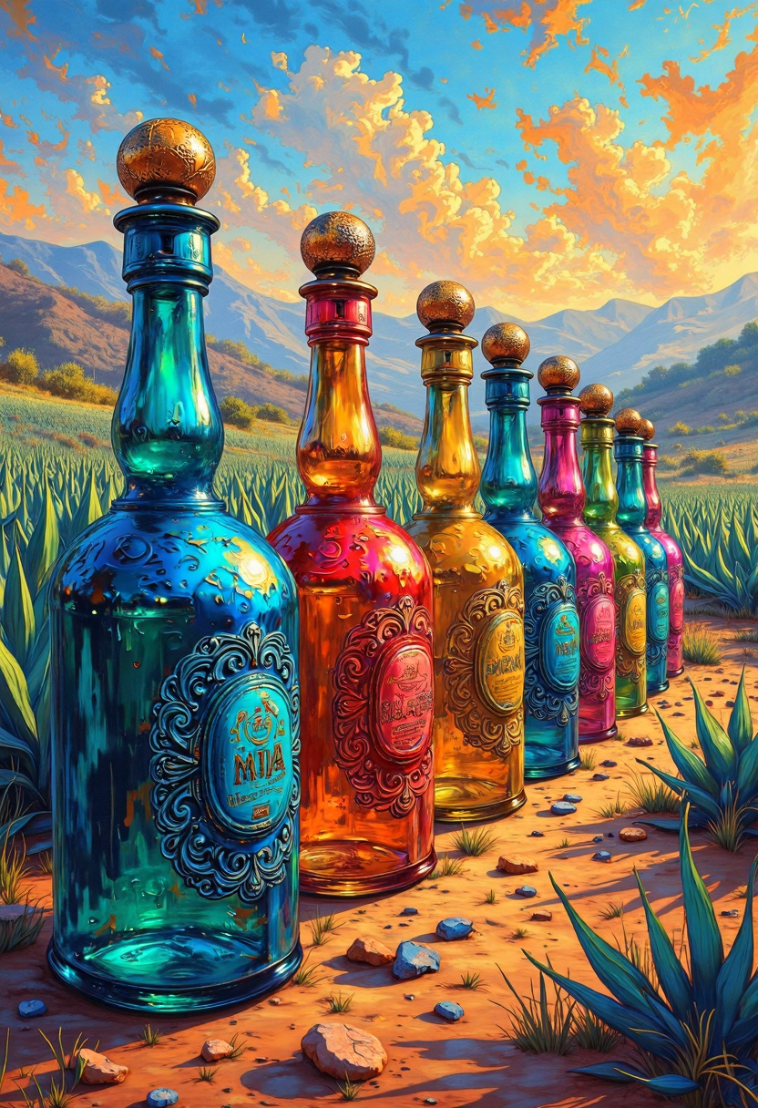 yfg-sm0rg, An oil painting in the Henri Edmond Cross style, depicting a vibrant Mexican landscape. In the foreground, a row of anodized tequila bottles shines under the warm sun, set against the backdrop of lush agave fields and distant mountains. The scene is bathed in vibrant colors with pointillist brushstrokes, capturing the essence of the Mexican countryside