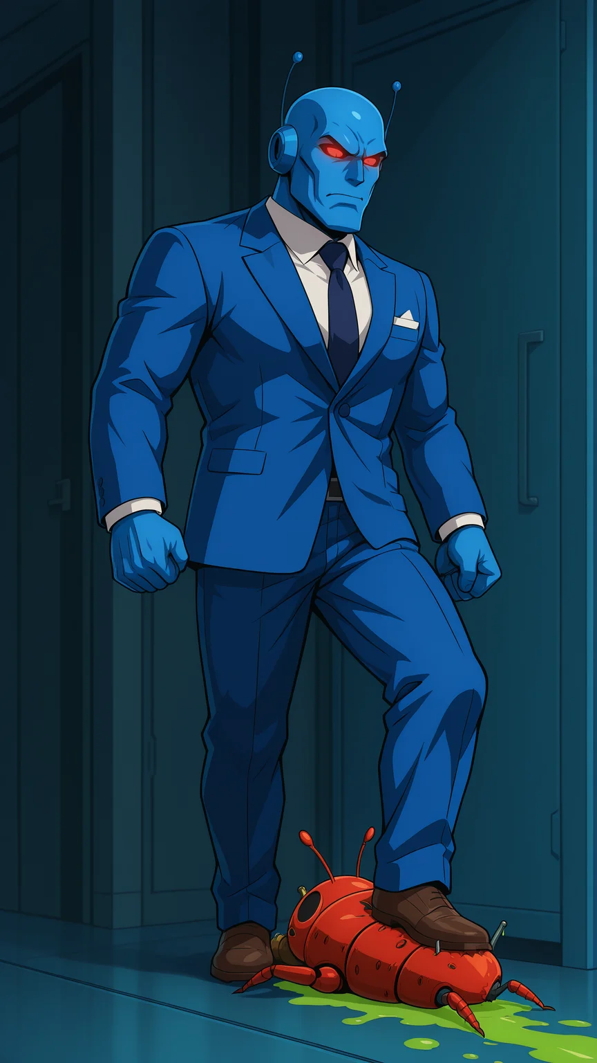 best quality, masterpiece, absurdres, newest,(official style:1.1), anime coloring,
<lora:CivBot_-_Evolved:0.8> 1boy, civbot, gigachad, sigma male, robot, male focus, solo, blue skin, colored skin, antennae, bald, glowing red eyes, professional clothes, suit, tie, bug guts, green blood, dripping, oozing, stomping on a bug, ((insect being stomped on)),