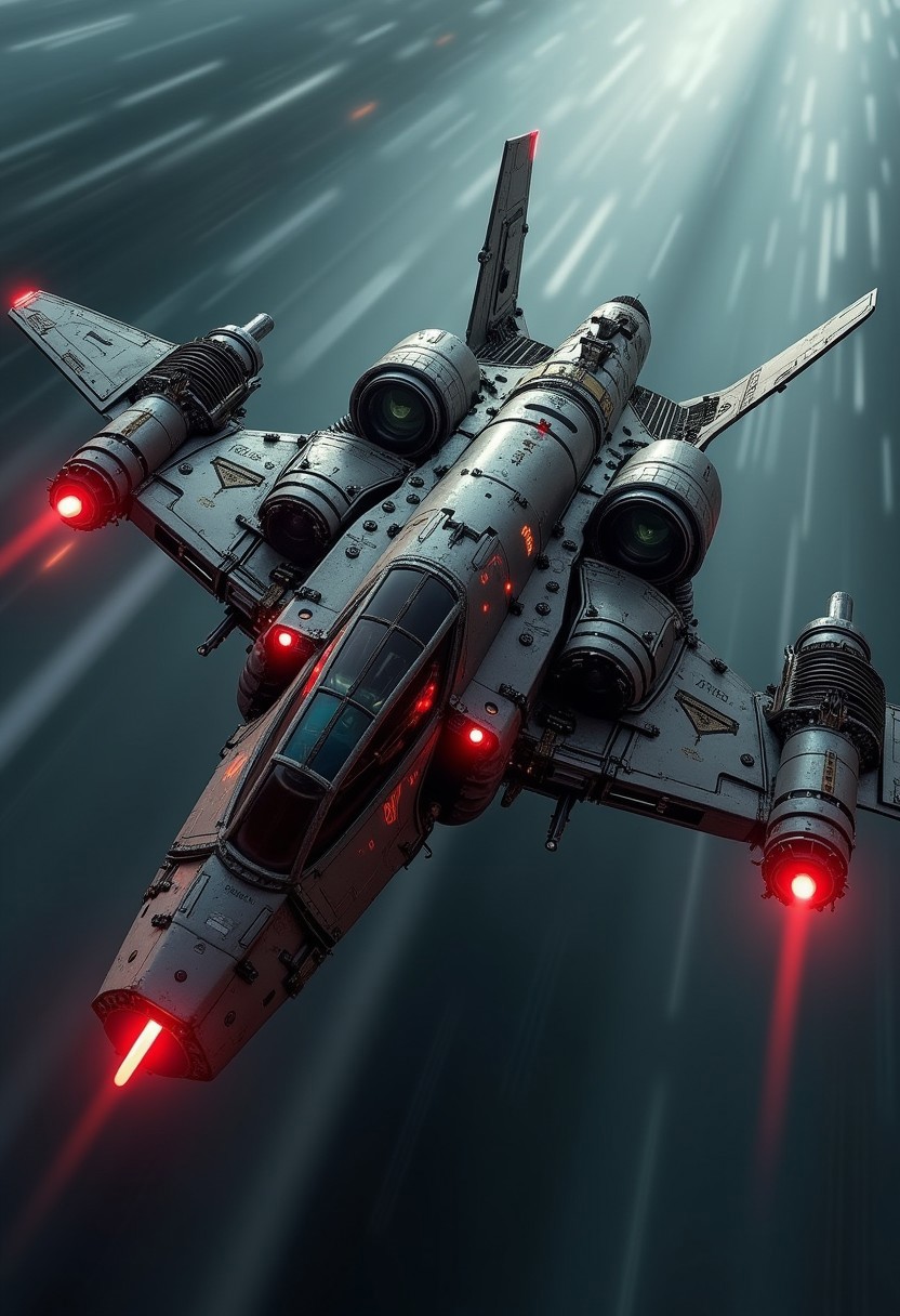 A digital artwork in the style of cknc, armored futuristic fighter plane, adorned with intricate, metallic details, including bolts, wires, and mechanical components, giving it a highly advanced, industrial look, with glowing red diodes and LEDs, travelling at speed through a dark stormy sky, background, viewed diagonally from the front, motion blur, directional lighting