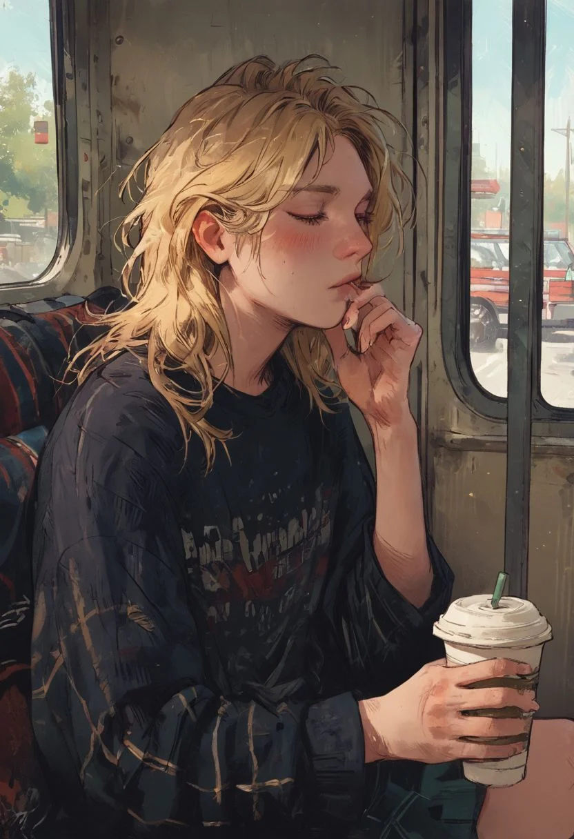 ((score_9, score_8_up, score_7_up)), 1girl, blonde, norwegian, plalid shirt, drinking coffee, bus stop, waiting for the bus, norway,
wh33z13, kyuyongeom