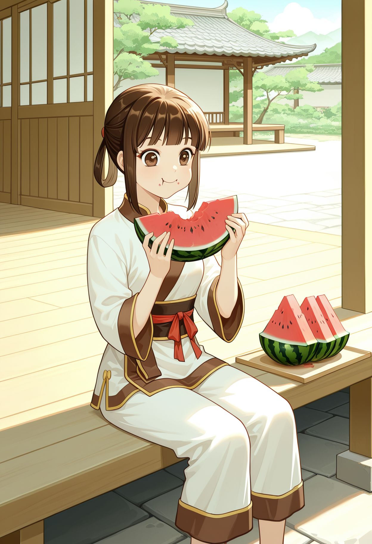 <lora:shuijing_(xuan_yuan_sword)_v1_IL-29:0.8> shuijing, 1girl, brown hair, brown eyes, white chinese clothes, sitting, holding watermelon, eating, happy, outdoors, porch, east asian architecture, summer, source_anime ,