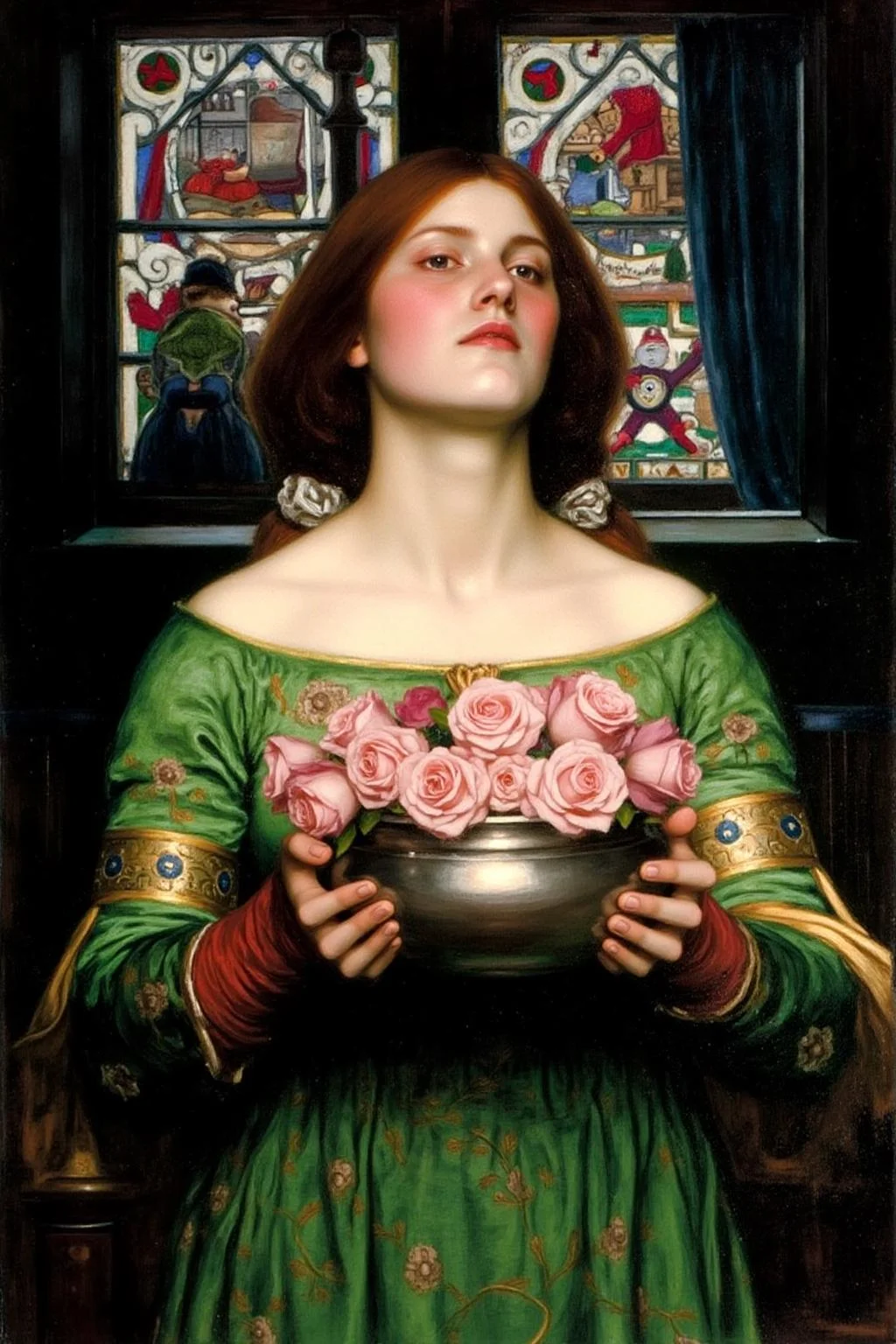 jwwaterhouse1 painting.
A woman with long, flowing red hair, dressed in a richly detailed, green gown adorned with gold embroidery and a golden sash. The dress features a high neckline and long, flowing sleeves, typical of medieval attire. She is holding a metalic vase filled with pink roses. There is a window with stain glass behind her. <lora:jwwaterhouse1_cap_d6a3e11:1.0><lora:829516897067336784:0>