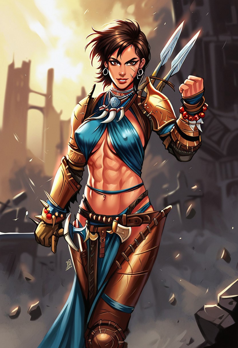 AmiriPathfinder,1girl,solo,armor,sword,brown hair,jewelry,midriff,navel,abs,earrings,shoulder armor,scars,pauldrons,large breast,muscular female,tattoos,underboob,belt,brown eyes,necklace,boots,gloves,short hair,lips,facial tattoo,beads,bracelets,greaves,pelvic curtain,legs armor,bracer,leather bracers,leather armlet,leather armor,sheath,,seductive pose,ruins,sexual pose,
score_9, score_8_up, score_7_up, beautiful aesthetic, very intricate, high quality details,vibrant, highly detailed, award-winning, professional,anime artwork, anime style, studio anime, athletic, toned female,muscular milf,curvy body, athletic girl,fit girl, perky tits,huge breast,perfect tits, round breasts, nipple outline,looking at viewer, pinup pose,teasing, dynamic lighting, cinematic, smug, better than you, aura of temptation, highly detailed, high resolution, masterpiece, detailed clother, detailed background, highly detailed, ((sound effects)) comic layout,