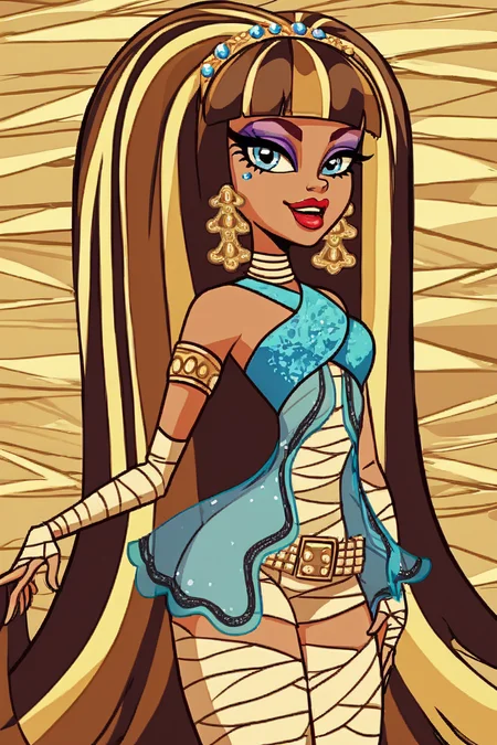 score_9, score_8_up, score_8, medium breasts, (curvy), cute, eyelashes,       BREAK, ,  zzCleo, long hair, multicolored hair, dark skin, blunt bangs, bangs, two-tone hair, black hair, blonde hair, streaked hair, eyeliner, very long hair, brown hair,  makeup, lipstick, bandages, mummy costume, jewelry, earrings, eyeshadow, dress, armlet, red lips, <lora:Cleo_MH_PDXL:0.8>,  , BREAK, smile, looking at viewer, cowboy shot, ,,, embedding:zPDXL, <lora:DiivesP1:0.8>,
