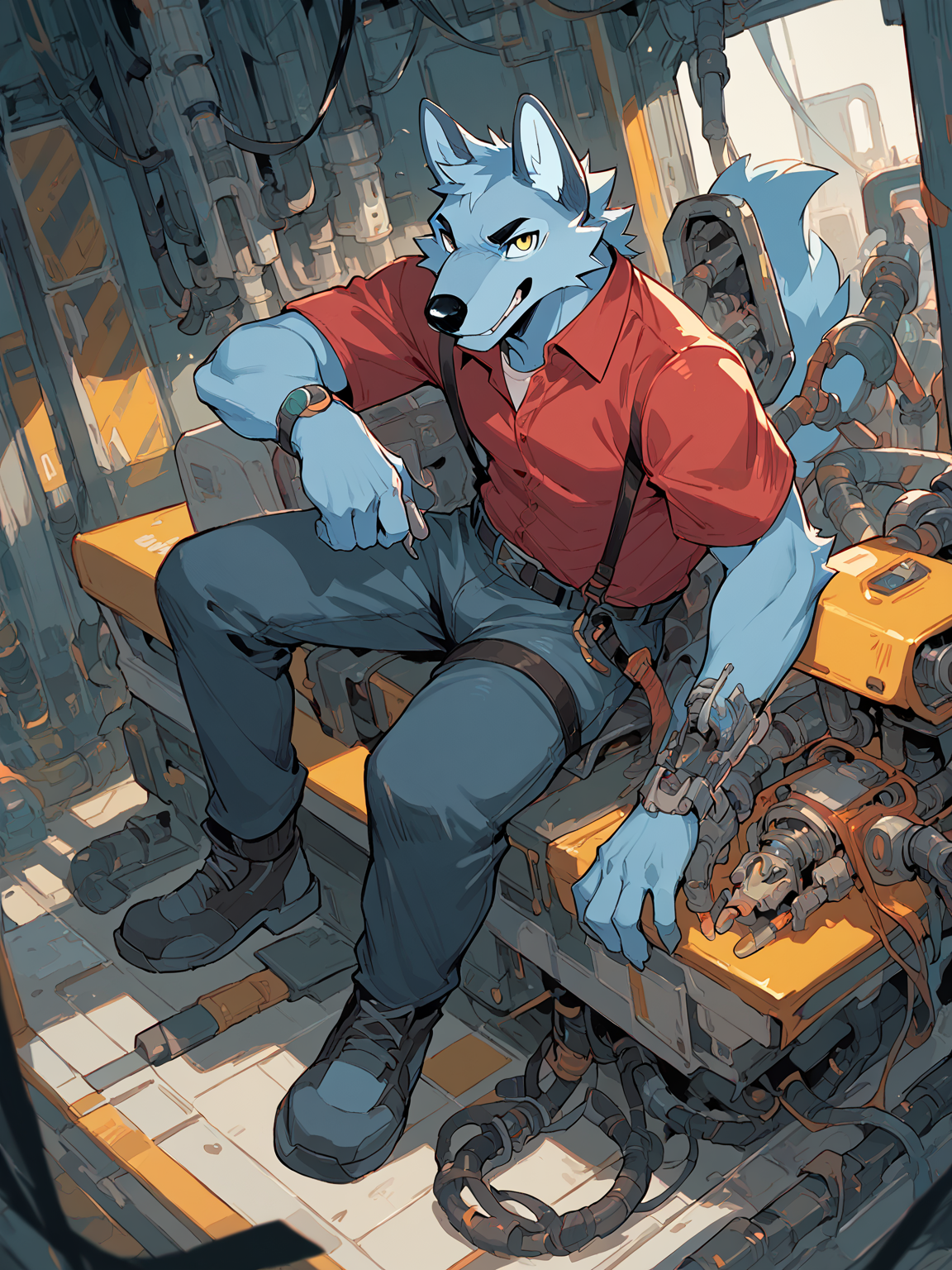 score_9, score_8_up, score_7_up, high quality, hires, anthro, furry, wolf, blue body, red shirt, yellow eyes, mechanical body, mechanical parts, looking at viewer, full body, <lora:Rae__VK_sticker__Ð ÑÐ¹:1>