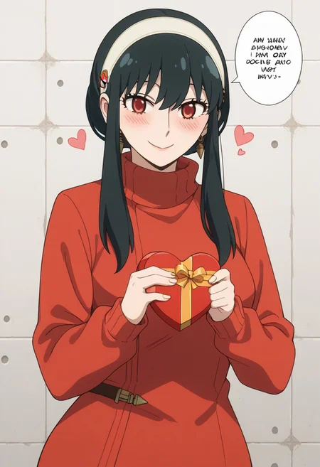 score_9, score_8_up, score_7_up, source_anime,
BREAK,
happy and in love, gentle smile, looking at viewer, Expressiveh, yor briar, black hair, red eyes, sidelocks, hairband, short hair with long locks, white hairband, medium breasts, dress, long sleeves, red sweater, sweater, sweater dress, 1girl, solo, wide hips, blush, text bubble, hearts,
standing, standing straight, one hand on hip, upper body, portrait, holding a heart-shaped gift box,
day, in a luxurious rooftop near the beach,