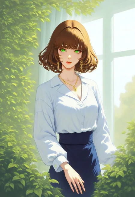 High resolution hyper-realistic oil painting with a harmonious composition based on the rule of thirds. Optimal white balance and a contrast of lights and shadows that accentuates the nostalgic atmosphere. The protagonist is an adult lady with silky brown hair and intense green eyes, with a voluptuous yet elegantly defined body. He wears an old shirt, barely held on his shoulders, impregnated with the aroma of past memories and emotions, evoking the verse: "Old shirt, aromas of essence lovers, shadows of embrace." Her gaze reflects a deep melancholy, while the natural light highlights the softness of her skin. He finds himself in a serene room, with a panoramic window that opens onto a landscape full of greenery, where the breeze plays with the leaves and slightly rustles the curtains. The painterly details emphasize the texture of the oil painting, from the fine brushstrokes in her hair to the delicate transparency of the canvas. The lighting casts subtle shadows that envelop the scene in a dreamlike air, capturing a moment of deep intimacy and ethereal beauty. Jedvvd style.