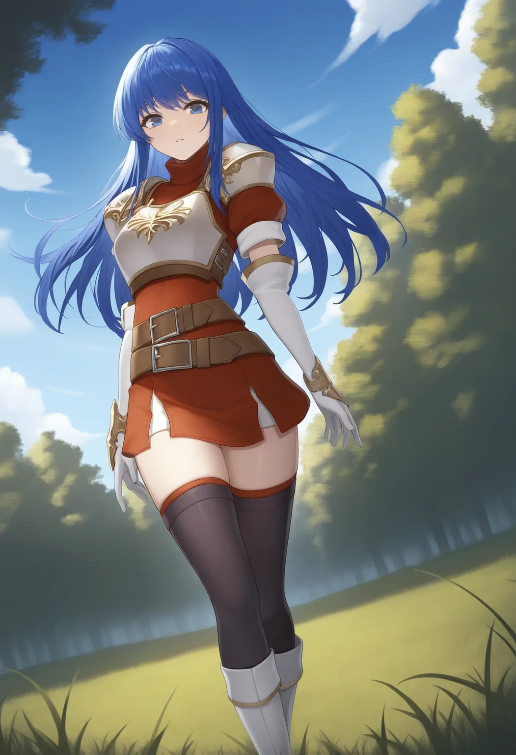 masterpiece, best quality, 1girl, solo, <lora:caeda-fe-richy-v1_ixl:1> caedadef, blue eyes, blue hair, long hair, bangs, turtleneck, red shirt, shoulder armor, pauldrons, breastplate, multiple belts, brown belt, white gloves, elbow gloves, red skirt, black thighhighs, white boots, standing, parted lips, looking at viewer, field, outdoors, blue sky, grass, forest