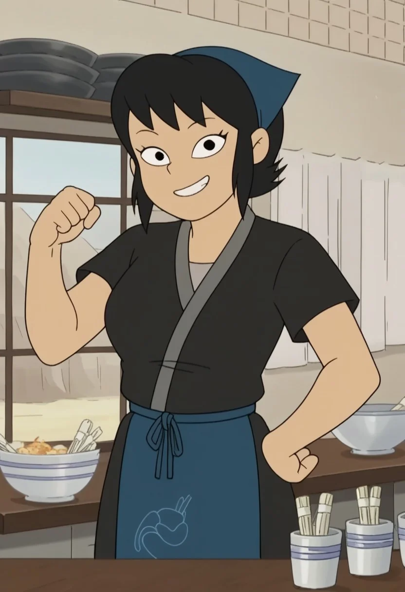 score_9, score_8_up, score_7_up, source_anime, anime screencap, kazumi watanabe, 1girl, solo, black hair, short hair, black eyes,large breasts, apron, japanese clothes, kimono, black shirt, shirt,head scarf,short sleeves, indoor, sexy pose, smile, looking at viewer,