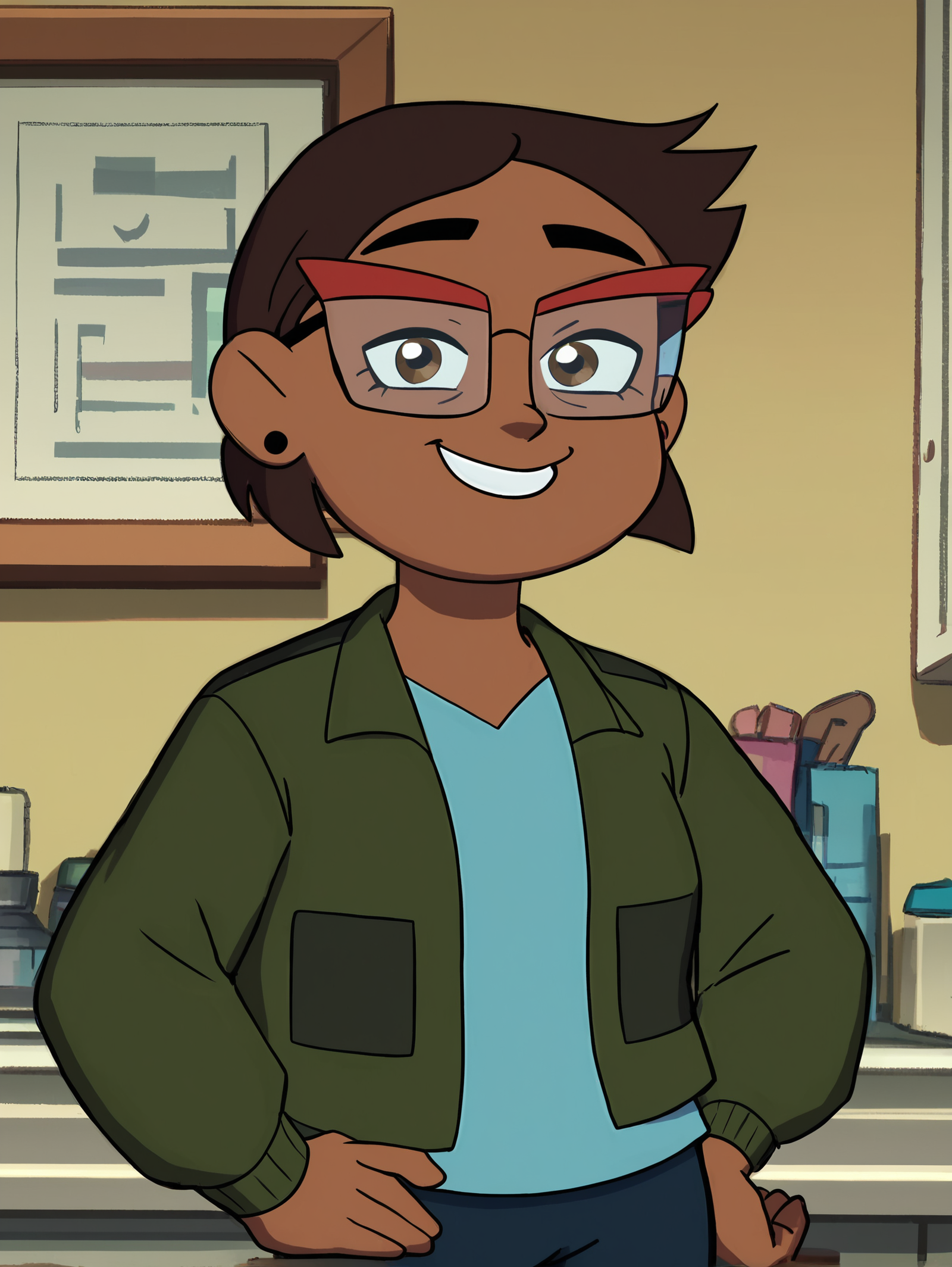 Camila, 1girl, solo, brown hair, glasses, earrings,smile,  green jacket, short hair, brown eyes, blue shirt, pants, indoors, long sleeves, standing <lora:CamilaPony1.0:1.0>, score_9, score_8_up, score_7_up, score_6_up, score_5_up, score_4_up, looking at viewer, hand on own hip, cowboy shot, zPDXL  <hypernet:bad-hands-5:1>
