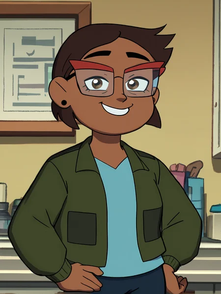 Camila, 1girl, solo, brown hair, glasses, earrings,smile, green jacket, short hair, brown eyes, blue shirt, pants, indoors, long sleeves, standing <lora:CamilaPony1.0:1.0>, score_9, score_8_up, score_7_up, score_6_up, score_5_up, score_4_up, looking at viewer, hand on own hip, cowboy shot, zPDXL <hypernet:bad-hands-5:1>