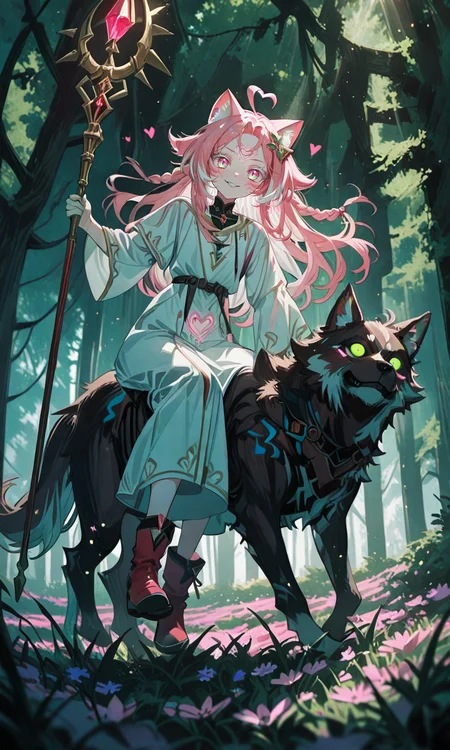masterpiece,best quality,absurdres,very aesthetic,very awa,highres,newest,year 2024,year 2023,<lora:NLSTN-IL_1412568:1>,nlstn,glowing,dark,<lora:illustrious_quality_modifiers_masterpieces_v1_956369:0.7>,<lora:ponyv4_noob1_2_adamW-000017:0.7>,<lora:spo_sdxl_10ep_4k-data_lora_webui:0.6>,<lora:add-detail-xl:0.9>,<lora:KonyaKarasue-000008:0.4>,<lora:Isha_Illus_XL_1131795:0.6>,ishaILXL,heart ahoge,pink eyes,skinny,multicolored hair,white hair,pink hair,24 yo,24 year old girl,(white eyelashes:1.2),dynamic background,detailed,womb tattoo,dynamic_angle,flat chest,looking at viewer,facial mark,
1girl,solo,masterpiece,best quality,newest,absurdres,CG,anime,source anime,illustration,very aesthetic,high resolution,ultra-detailed,newest,scenery,medium depth of field,rule of thirds,masterpiece-level,clean lines,sharp,focused subject BREAK 1girl,solo,long hair,hair ornament,animal ears,green eyes,braid,cat ears,white robe,red boots,holding wooden staff,dynamic pose,smiling,riding on wolf,brown wolf outdoors,meadow,flowers,bushes,rhododendrons cinematic angle,various angles,detailed background,beautiful background,(rays light:1),(grow:1),light particles,