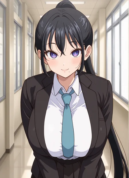 masterpiece, best quality, very aesthetic, absurdres, newest,
Aoi_m, 1girl, solo, ponytail, very long hair, mole under mouth, black hair,purple eyes, large breasts,
black blazer,white shirt, aqua necktie, black skirt,
<lora:Aoi_m_v1_IL:1> closed mouth, looking at viewer,standing ,open blazer,smile,school hallway, front facing