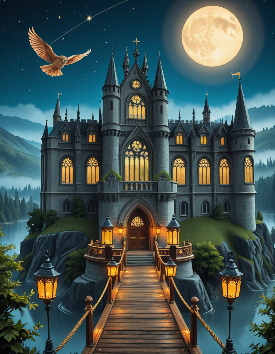 A majestic, ancient castle perched on a rocky hill, serving as a prestigious school for young wizards. The castle is a grand structure with towering spires, intricate gothic architecture, and large stained-glass windows that glow with magical energy. The stone walls are covered in ivy, and enchanted lanterns float around the entrance, casting a soft, mystical glow. A massive wooden bridge leads to the main gate, suspended over a misty, enchanted lake that reflects the moonlight. In the background, rolling green hills and dense, fog-covered forests surround the school, adding an air of mystery. The sky is a deep twilight blue, with stars twinkling and a full moon shining brightly. Some windows in the castle emit warm, golden light, hinting at classrooms filled with spellbooks and students practicing magic. A few owls are seen soaring above, delivering messages. The atmosphere is magical, mysterious, and full of wonder, as if the castle itself is alive with enchantments.
<lora:SDXLFaeTastic2400:0.4> <lora:extremely_detailed:0.4> extremely detailed,ancient c4stl3, <lora:ancient_c4stl3-i:1>, Masterpiece,best quality,hi res,8k,hi res,8k,award winning,(sharp focus, intricate, highly detailed),