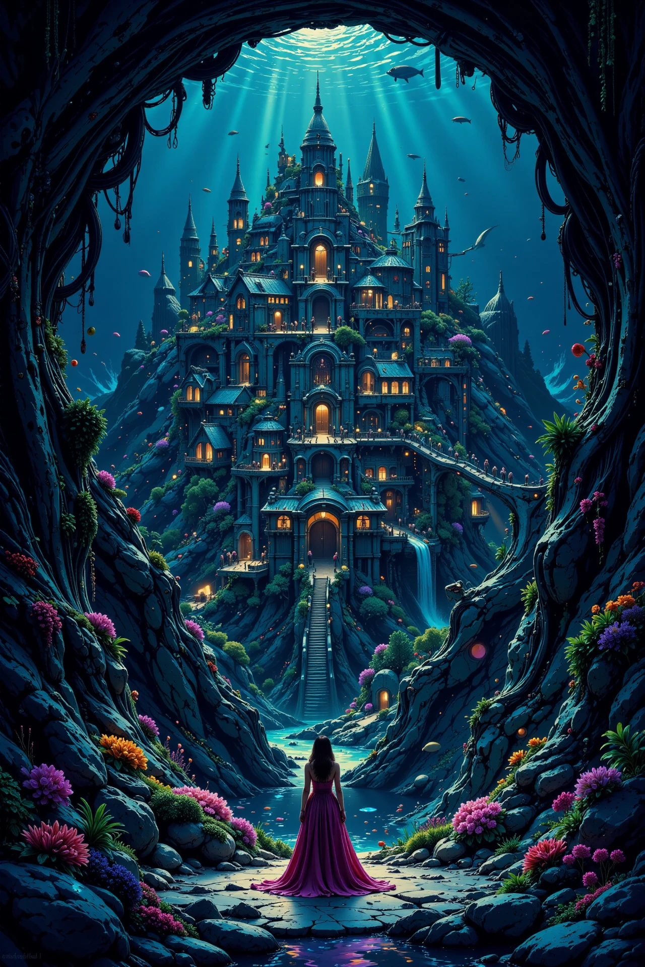 a fantasy underwater village, evening, woman, very intricate, very detailed, sharp, bright, colorful, <lora:Hand v2:0.5> <lora:Anti-Blur:1><lora:Insane Detail Slider:0.25>  <lora:flux.1_lora_flyway_Epic-detail_v2:0.3> <lora:fluxenhancer:0.25><lora:ck-Neon-Retrowave:0.4> ck-rw, in the style of ck-rw,  <lora:Neurocore Anime Cyberpunk:0.8> A digital artwork in the style of cknc