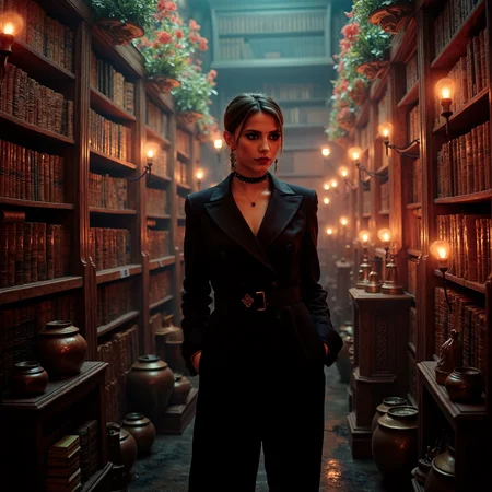 futuristic style neon noir surrealist art analog photography, analog photo, a bewitching beauty stands amidst shelves of ancient tomes and mystical artifacts, donning a striking modern elegant black women's suit. Amidst the magical library studio, she poses effortlessly, surrounded by worn grimoires, bubbling cauldrons, and an assortment of alchemy bottles and crafting witch tools. Soft candlelight casts a warm glow on her enchanting features as she gazes out, lost in thought among the mystical relics. Shot by Kodak Brownie. <lora:Riley_Voelkel:1> rileyv . dreamlike, mysterious, provocative, symbolic, intricate, detailed . cyberpunk, dark, rainy streets, neon signs, high contrast, low light, vibrant, highly detailed . sleek, modern, ultramodern, high tech, detailed