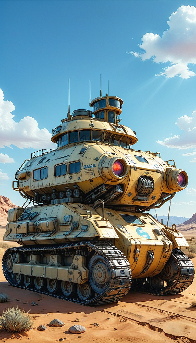 (cel-shading:2)+, (in ARTIST style:1.6), (masterpiece:1.7),  glow blue neon, hyperrealism, glossy, shinny, clear image, accurate picture, clear picture, precise image, focused image, Science fiction style, Science fiction, (cozy comfy, military vehicle, military, ground vehicle, motor vehicle, no humans,  sky, vehicle focus, cloud, day, caterpillar tracks, outdoors, flag, cannon, desert, turret, Tracked Vehicle, Traction City, pale yellow paint)
comic style, (ultra sharp focus:2), (thin lines:2), (best quality:1.8),
(masterpiece:1.8), (highest detailed:1.8), perfectly lighted, (contrast), (saturated), (((sharp focus))),
(hyperdetailed:1.3), (intricate details:1.2), (Refined details:1.3), (best quality:1.5), highly detailed textures, vibrant colors,
(ultra sharp focus:1.8), (detailed texture:1.8), (detailed edges:1.8), (thin lines:1.8), (best quality:1.8),
<lora:Apparatus_-_Traction_City_Walkers_Vehicles:0.8>,