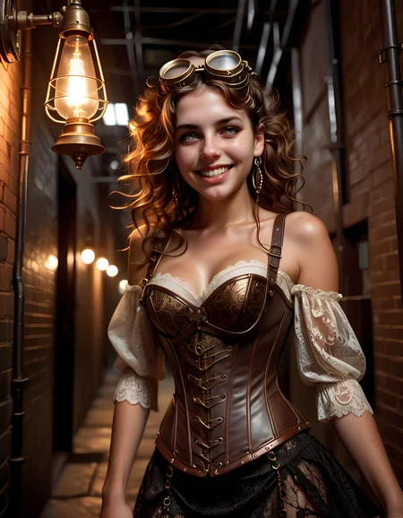 In a dimly lit, steampunk-inspired alleyway, the woman with brown hair cascading in loose curls down her shoulders, adorned in an intricate, brass and copper corset, lace-trimmed skirt, and goggles perched atop her freckled nose, offers a captivating smile revealing a row of perfectly straight, white teeth, her brown eyes sparkling with intelligence and curiosity. Her delicate earrings shimmer as they catch the faint, flickering light from a nearby gas lamp. The camera angles from below, creating an intense, intimate connection between the viewer and M4R150L, who stands poised and confident, her hand resting on a leather-bound journal, while the background is blurred, allowing the focus to remain solely on her unique, enigmatic presence in this gritty, industrial setting.