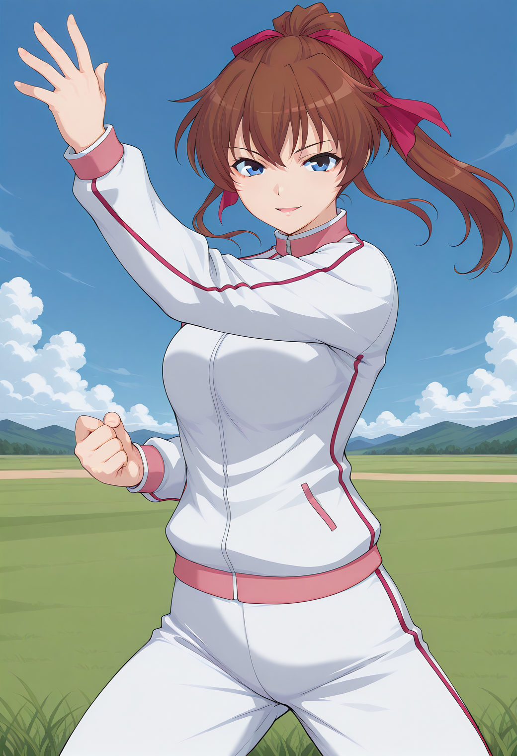 yoshida_ryuko, blue eyes, brown hair, long hair, ponytail, hair ribbon, white jacket, track suit, track jacket, white pants, <lora:yoshida_ryuko_illustrious_ver1:0.8> 
smile, cowboy shot,, 1girl, solo, blue sky, (grasslands:1.2), looking at viewer,, masterpiece, best quality, sensitive,, (dynamic pose:1.4),