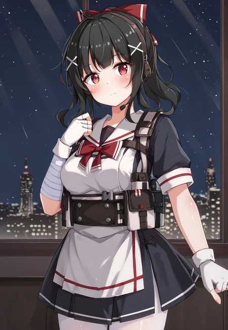 GShMod3, black hair, x hair ornament, red eyes, ponytail, bangs, headset, 

white gloves, medium breasts, white pantyhose, bandaged arm, red bow, white apron, fingerless gloves, holster, short sleeves, hairclip, long hair, sidelocks, hair ribbon, sailor collar, black skirt, 

looking at viewer, head tilt, closed mouth, from side, hand up, blush, flustered, 

window, city, cityscape, dark, night, night sky,

1girl, solo, solo focus, highres, absurdres, light particles, shade, lens flare, shiny skin, fine fabric emphasis,
