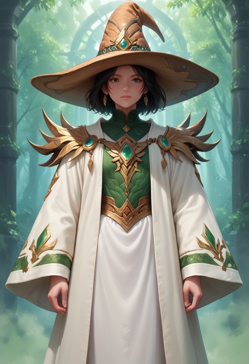 score_9, score_8_up, score_7_up, anime, anime fantasy, perfect body, detailed art, masterpiece
mage, green and white robes, large hat,