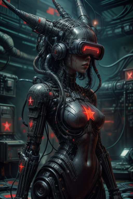 cyberpunk cityscape,biomechanical cyberpunk,SCI-FI,
cowboy shot,thigh gap,
femenine cyborg,helmet with antenna,mask,armor,robot joints,
(wires,cables,electricity,discharge,monitors:1.2),
high technical room background,
<lora:Concept_-_Hella-sthetic_v2:0.7>,
(USSR,red star \(symbol\):1.5),
<lora:H.R.GigerWorld:0.25>,gigerworld,art by hrgiger,
<lora:Concept_-_Giger-ish_Biomechanicals_v2:0.25>,hnsrdlf style,
<lora:Concept_-_More_Details_v1.0:1>,
intricate,elegant,highly detailed,symmetry,magical atmosphere,sharp focus,majestic,very coherent,radiant,advanced,cinematic,artistic,fine detail,winning,beautiful,stunning,dramatic light,designed,rich deep colors,perfect professional background,ambient,tailored set composition,
human-machine fusion,organic meets artificial,futuristic,technological,cybernetic enhancements,robotics,neon lights,dark,
<lora:Concept_-_PicXer_bSide:1>,<lora:vrLORA:0.7>, VR,VR Headset,Head-mounted display,vrlora,