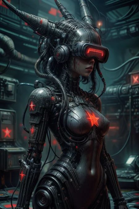 cyberpunk cityscape,biomechanical cyberpunk,SCI-FI,
cowboy shot,thigh gap,
femenine cyborg,helmet with antenna,mask,armor,robot joints,
(wires,cables,electricity,discharge,monitors:1.2),
high technical room background,
<lora:Concept_-_Hella-sthetic_v2:0.7>,
(USSR,red star \(symbol\):1.5),
<lora:H.R.GigerWorld:0.25>,gigerworld,art by hrgiger,
<lora:Concept_-_Giger-ish_Biomechanicals_v2:0.25>,hnsrdlf style,
<lora:Concept_-_More_Details_v1.0:1>,
intricate,elegant,highly detailed,symmetry,magical atmosphere,sharp focus,majestic,very coherent,radiant,advanced,cinematic,artistic,fine detail,winning,beautiful,stunning,dramatic light,designed,rich deep colors,perfect professional background,ambient,tailored set composition,
human-machine fusion,organic meets artificial,futuristic,technological,cybernetic enhancements,robotics,neon lights,dark,
<lora:Concept_-_PicXer_bSide:1>,<lora:vrLORA:0.7>, VR,VR Headset,Head-mounted display,vrlora,