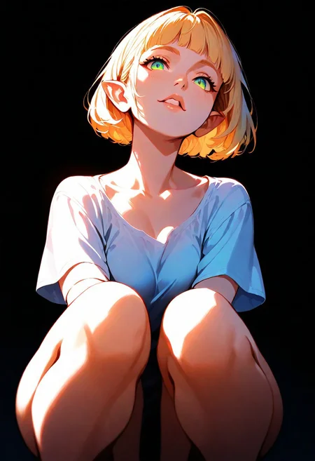 1girl, princess zelda,bob cut, blonde hair, teeth, lips, thin lips, solo, looking at viewer, while body, squatting, masterpiece, best quality, very aesthetic, (dark), white and light blue neon underlightling, masterpiece, best quality, very aesthetic