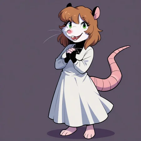 score_9, score_8_up, score_7, source_comic, Maude(JG), Solo, 1girl, anthro, female furry, Possum, American opossum, white fur, brown hair, black ears, black neck, pink nose, green eyes, rat tail, fangs, full body, looking at viewer, white dress, standing, cute smile, hands together, white background,