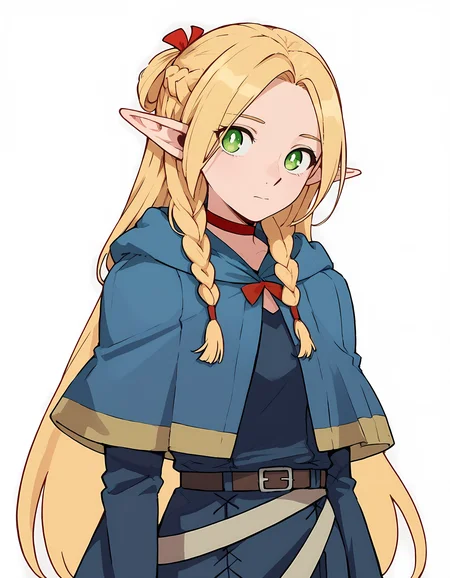 <lora:Marcille:1>marcille-donato, 1girl, french braid, upper body, blue capelet, red choker, blue robe, blue capelet, twin braids, long sleeves, closed mouth, belt, ribbon, simple background