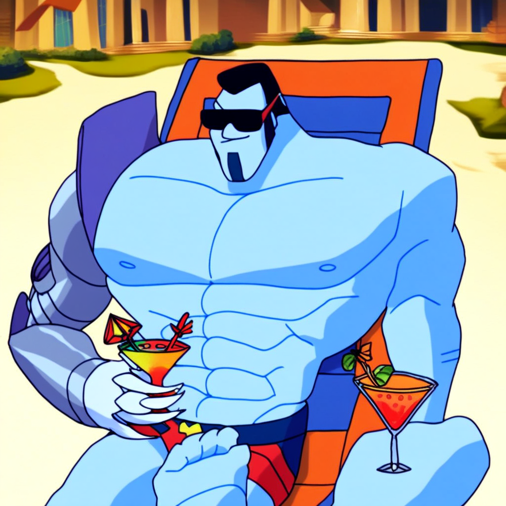 warp, 1boy, retro artstyle, sunglasses, solo, robot, male swimwear, male focus, mecha, chair, cocktail glass, drinking glass, cocktail, beach chair, no humans, cup, drinking straw, facial hair, colored skin, black hair, abs, topless male, muscular male, score_9, score_8_up, score_7_up, score_6_up <lora:vinceteaa_020_04v2-step00000400r:1> good face, good eyes,