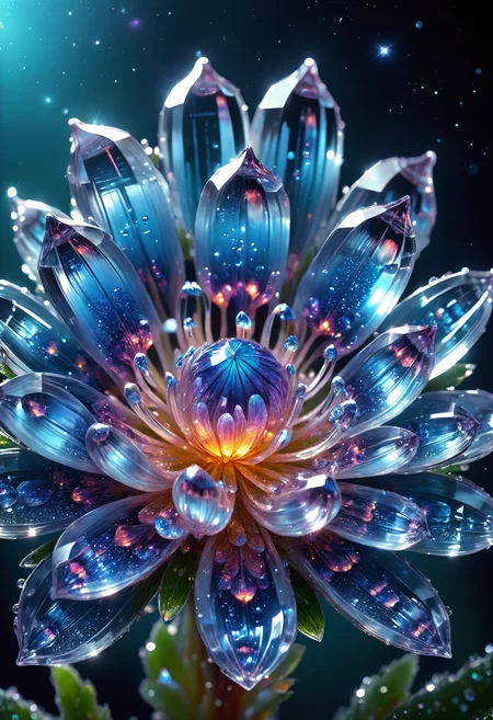 macro photo, sparkling magical fantasy glass flower dewdrop, very detailed, amazing quality, intricate, cinematic light, highly detail, beautiful, surreal, dramatic, galaxy fantasy colors, <lora:crystalz:0.7>