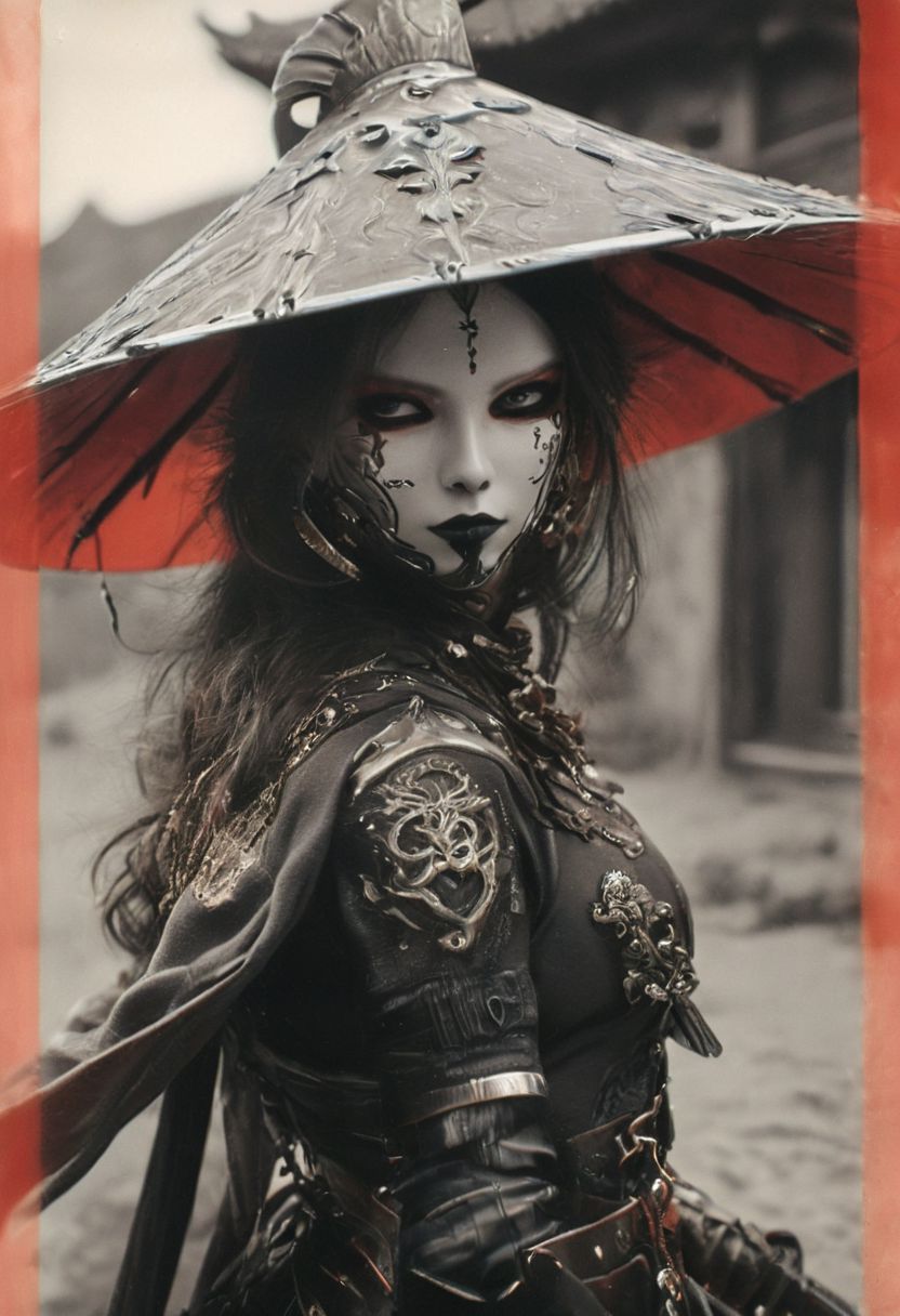 Adorned in a mask and cape reminiscent of D'Artagnan's era, a skilled swordswoman, a cyborg samurai resembling the girl with the pearl earrings, weathered leather and linen armor sun-bleached, her eyes gleaming with triumph. adorned with a towering translucente sss sedge hat veiling her face, her metallic intricacies faintly aglow in translucent dark red,
creating a hyperpunk scene with desaturated dark red and translucent black details, colorful (polaroid:0.7) with vibrant colors, (vacations, high resolution:1.3), (small, selective focus, european film:1.2), (sexual advance:1.1), closeup
