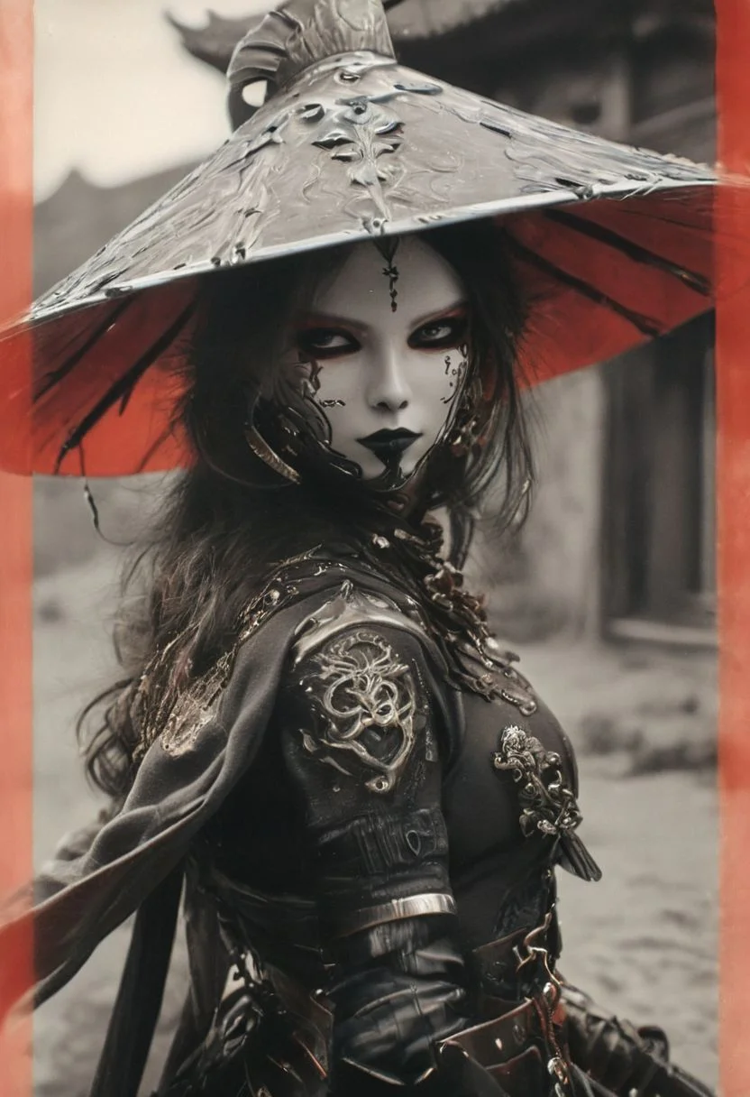 Adorned in a mask and cape reminiscent of D'Artagnan's era, a skilled swordswoman, a cyborg samurai resembling the girl with the pearl earrings, weathered leather and linen armor sun-bleached, her eyes gleaming with triumph. adorned with a towering translucente sss sedge hat veiling her face, her metallic intricacies faintly aglow in translucent dark red,
creating a hyperpunk scene with desaturated dark red and translucent black details, colorful (polaroid:0.7) with vibrant colors, (vacations, high resolution:1.3), (small, selective focus, european film:1.2), (sexual advance:1.1), closeup