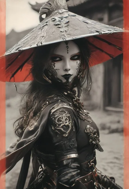 Adorned in a mask and cape reminiscent of D'Artagnan's era, a skilled swordswoman, a cyborg samurai resembling the girl with the pearl earrings, weathered leather and linen armor sun-bleached, her eyes gleaming with triumph. adorned with a towering translucente sss sedge hat veiling her face, her metallic intricacies faintly aglow in translucent dark red,
creating a hyperpunk scene with desaturated dark red and translucent black details, colorful (polaroid:0.7) with vibrant colors, (vacations, high resolution:1.3), (small, selective focus, european film:1.2), (sexual advance:1.1), closeup