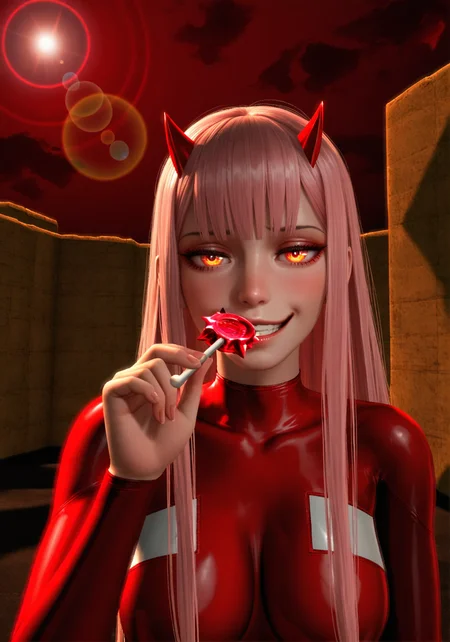 masterpiece, realistic, scenery, sunset, clouds, sun beams, lens flare,1girl, solo, zero two, pink hair, red horns, red bodysuit, (holding sucker candy:1.3), upper body, smug expression, tilted head, glowing red sky blur, rim light <lora:POSTAL_2_Style_Lora_V1.0_ILXL_DIM16_E10:1> <lora:dmd2_sdxl_4step_lora:1>