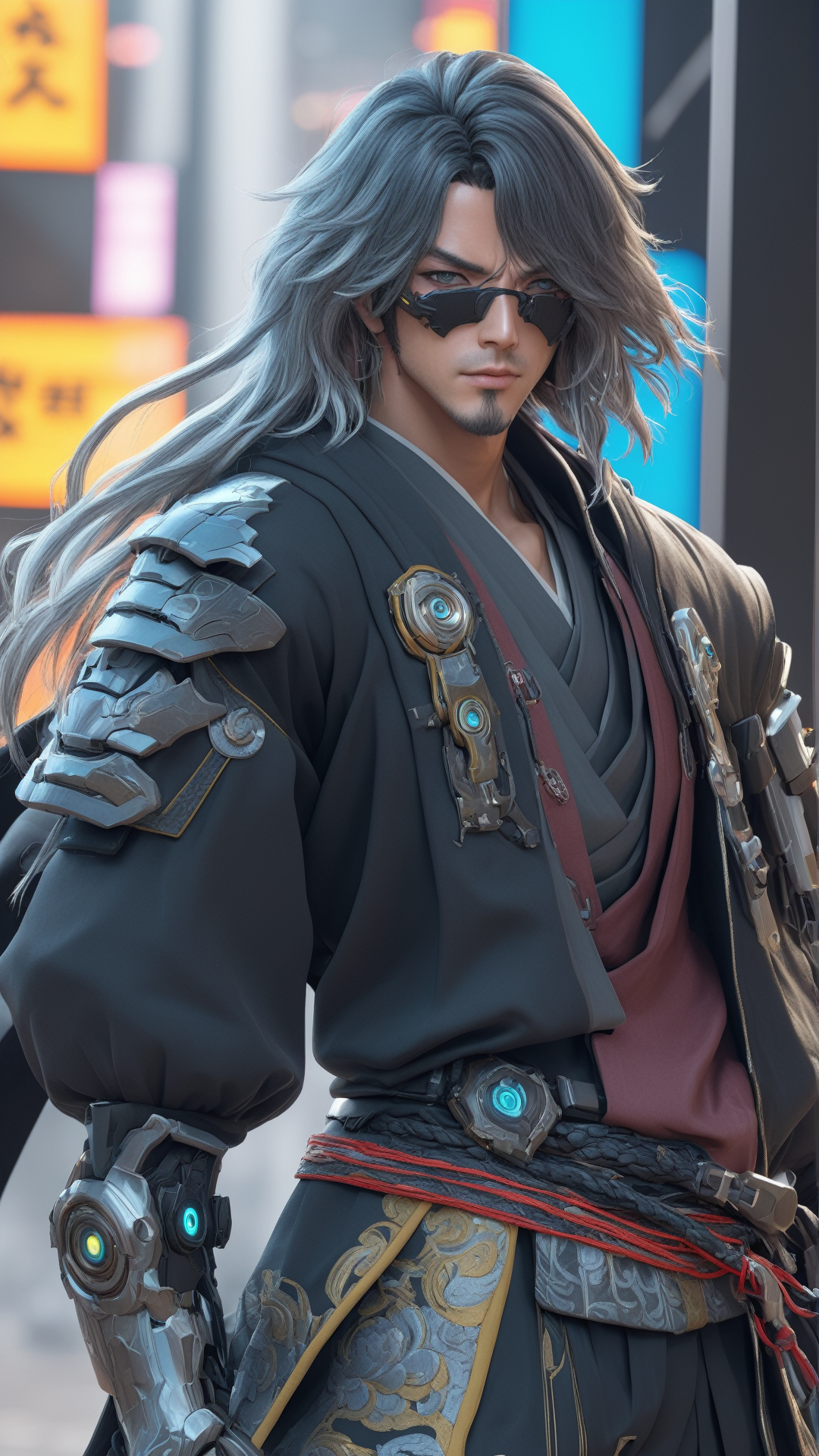 sehele style, (((full body view))), anime, a man cyber samurai, 8k, 16k, Unreal Engine 5, octane render, trending on pixiv, fanbox, skeb, masterpiece, smooth soft skin, big dreamy eyes, beautiful intricate colored hair, anime wide eyes, soft lighting, concept art, digital painting, by Seunghee Lee,  <lora:Seunghee_Lee_Style_SDXL:0.7>