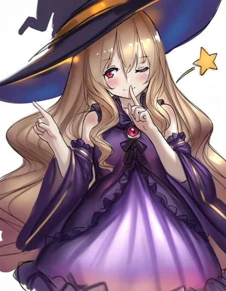 <lora:rz-000024:1>,rz,1girl,solo,hat,one eye closed,red eyes,long hair,witch hat,blonde hair,star \(symbol\),smile,looking at viewer,dress,index finger raised,bare shoulders,wide sleeves,black headwear,blush,closed mouth,long sleeves,frills,purple dress,finger to mouth,hair between eyes,simple background,detached sleeves,;\),wavy hair,witch,white background,cowboy shot,black dress,very long hair,