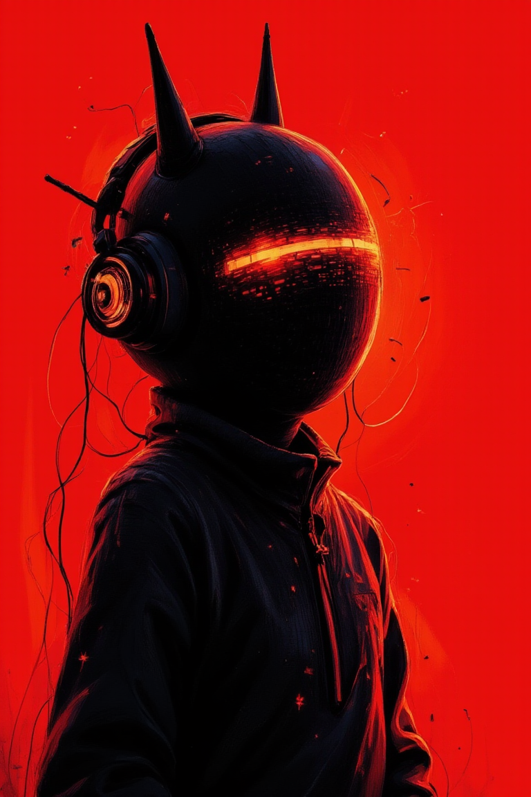 aidmafluxpro1.1,Spooky  Art Drawing. 
The image depicts a stylized humanoid figure with rounded features against a solid red background. It has two antenna-like protrusions on its head and wears what appears to be headphones. Its face consists of a single horizontal line resembling glowing pixels or a digital screen. The texture of the body resembles knitted fabric, adding depth to the minimalistic design. The color scheme primarily uses shades of red and dark colors for contrast. Overall, the artwork conveys a futuristic, robotic theme combined with retro aesthetics.