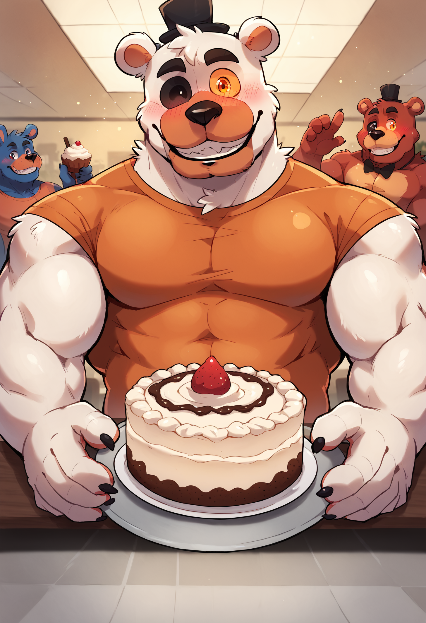 score_9, score_8_up, score_7_up, lots of details, highly detailed, moltenfreddy, (furry), fur, bear, upper body, low angle, dad theme, dad body, tight t-shirt, cafe, date, pov, blush, smile, cake, ballons, orange eye, looking at viewer, muscular, bodybuilder, one eyed, bright background, light particles, detailed, detailed eyes, hires, best quality <lora:Molten_Freddy:0.88>