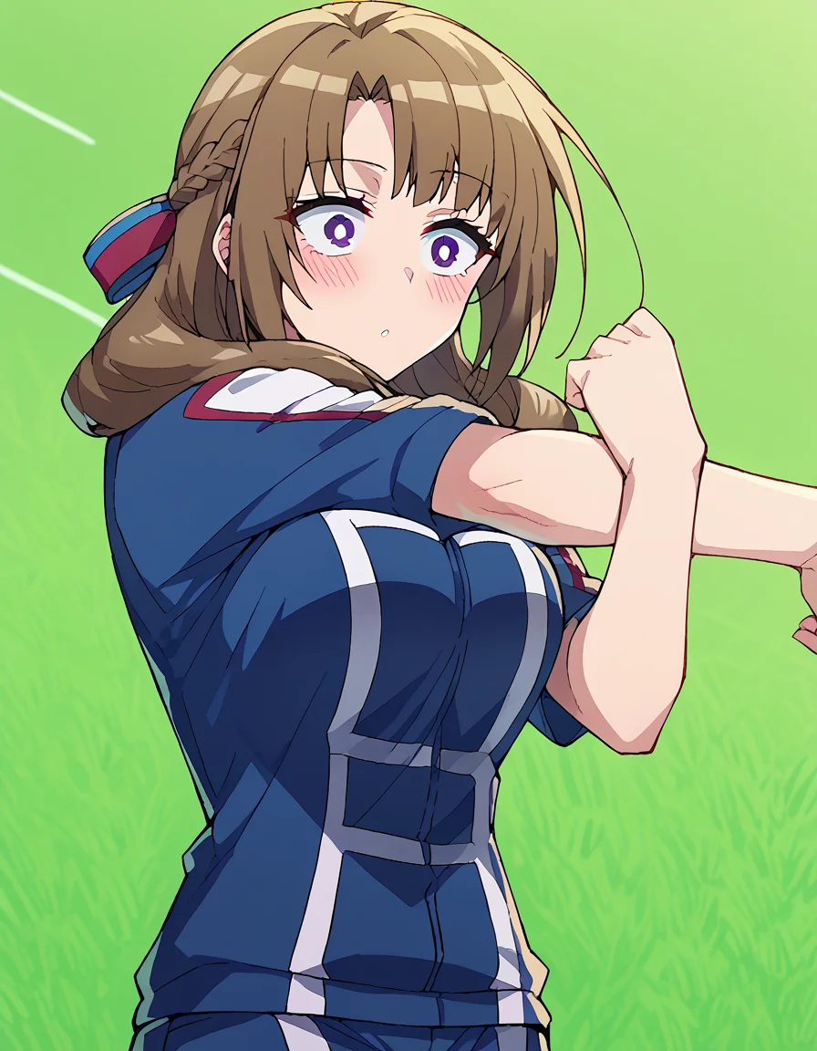 score_9, score_8_up, score_7_up, source_anime, <lora:mamako-oosuki-s1-ponyxl-lora-nochekaiser:1>, mamako oosuki, long hair, brown hair, purple eyes, hair ribbon, braid, bright pupils, french braid, white pupils, large breasts,, <lora:ua-gym-uniform-ponyxl-lora-nochekaiser:1> ua gym uniform, u.a. gym uniform, blue track suit, blue pants, blue shirt, short sleeves,, blush, track and field, <lora:cross-body-stretch-ponyxl-lora-nochekaiser:1> cross-body stretch, stretching, arm across chest, exercising,, cowboy shot,