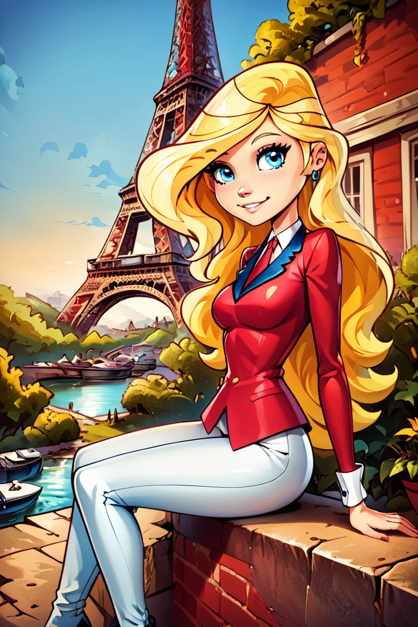 score_9, score_8_up, score_8, medium breasts, (curvy), cute, eyelashes, ,,, , zzSarahWhitney, blue eyes, blonde hair, long hair, red shirt, necktie, white pants, style parody, <lora:SarahWhitneyHorseland_PDXL:1.0>, , BREAK, zzEiffelTower in background, sitting, watercraft, boat, sitting on wall, side view, looking at viewer, smile, ,,, BREAK, blooming stars, luminescent petals, otherworldly fragrance blurry background, ,,, embedding:zPDXL, Expressiveh, ,,, <lora:EiffelTowerPDXL:0.8>, <lora:CatalystStylePDXL:0.6>, <lora:SDXLFaeTastic2400:0.5>, <lora:Expressive_H-000001:0.4>,